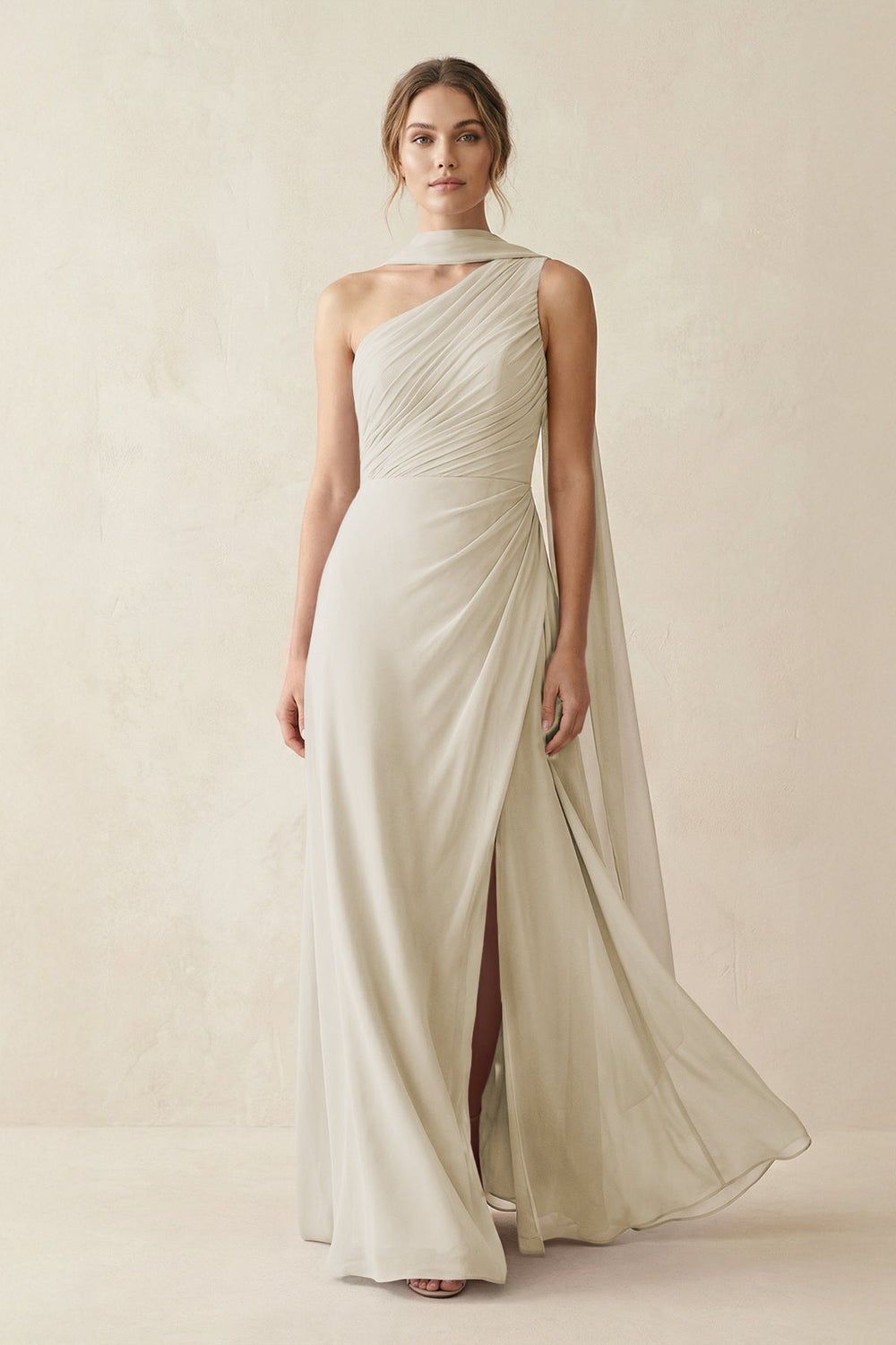 One - Shoulder Sheath Chiffon Bridesmaid Dress with Ribbon in Dove Gray - KISS BRIDAL Bridesmaid Dresses