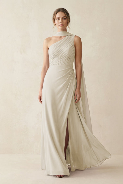 One - Shoulder Sheath Chiffon Bridesmaid Dress with Ribbon in Dove Gray - SHE IS ME Bridesmaid Dresses