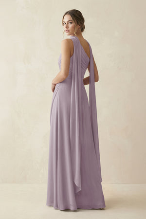 One-Shoulder Sheath Chiffon Bridesmaid Dress with Ribbon in Dusk (2) | KISSBRIDAL