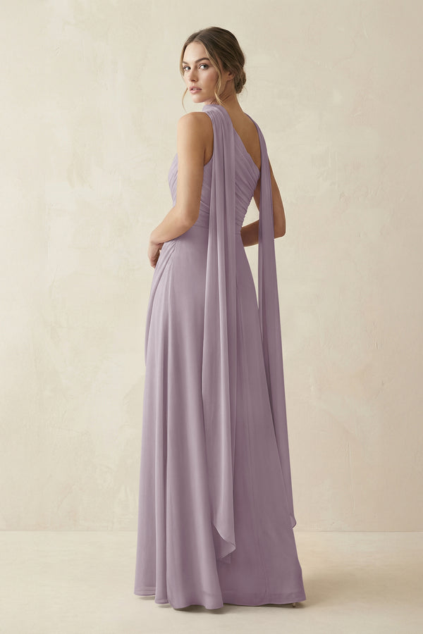 One-Shoulder Sheath Chiffon Bridesmaid Dress with Ribbon in Dusk (2) | KISSBRIDAL