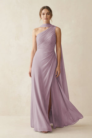 One - Shoulder Sheath Chiffon Bridesmaid Dress with Ribbon in Dusk - SHE IS ME Bridesmaid Dresses