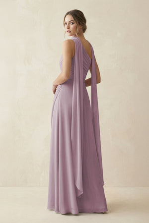 One - Shoulder Sheath Chiffon Bridesmaid Dress with Ribbon in Dusk - SHE IS ME Bridesmaid Dresses
