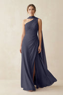 One - Shoulder Sheath Chiffon Bridesmaid Dress with Ribbon in Dusk Blue - SHE IS ME Bridesmaid Dresses