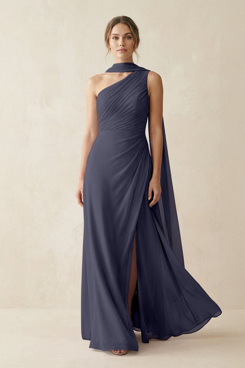 One - Shoulder Sheath Chiffon Bridesmaid Dress with Ribbon in Dusk Blue - SHE IS ME Bridesmaid Dresses