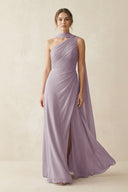 One-Shoulder Sheath Chiffon Bridesmaid Dress with Ribbon in Dusk | KISSBRIDAL