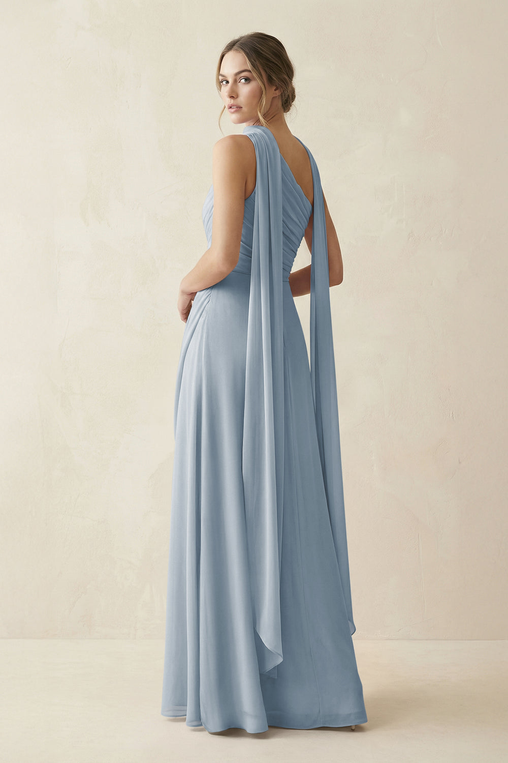 One-Shoulder Sheath Chiffon Bridesmaid Dress with Ribbon in Dusty Blue