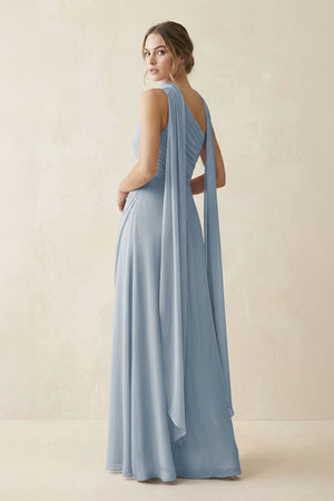 One-Shoulder Sheath Chiffon Bridesmaid Dress with Ribbon in Dusty Blue (2) | KISSBRIDAL
