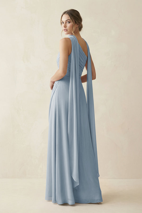 One-Shoulder Sheath Chiffon Bridesmaid Dress with Ribbon in Dusty Blue (2) | KISSBRIDAL