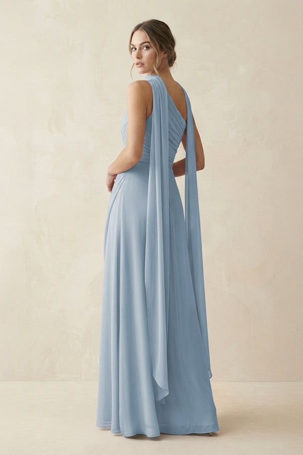 One - Shoulder Sheath Chiffon Bridesmaid Dress with Ribbon in Dusty Blue - SHE IS ME Bridesmaid Dresses