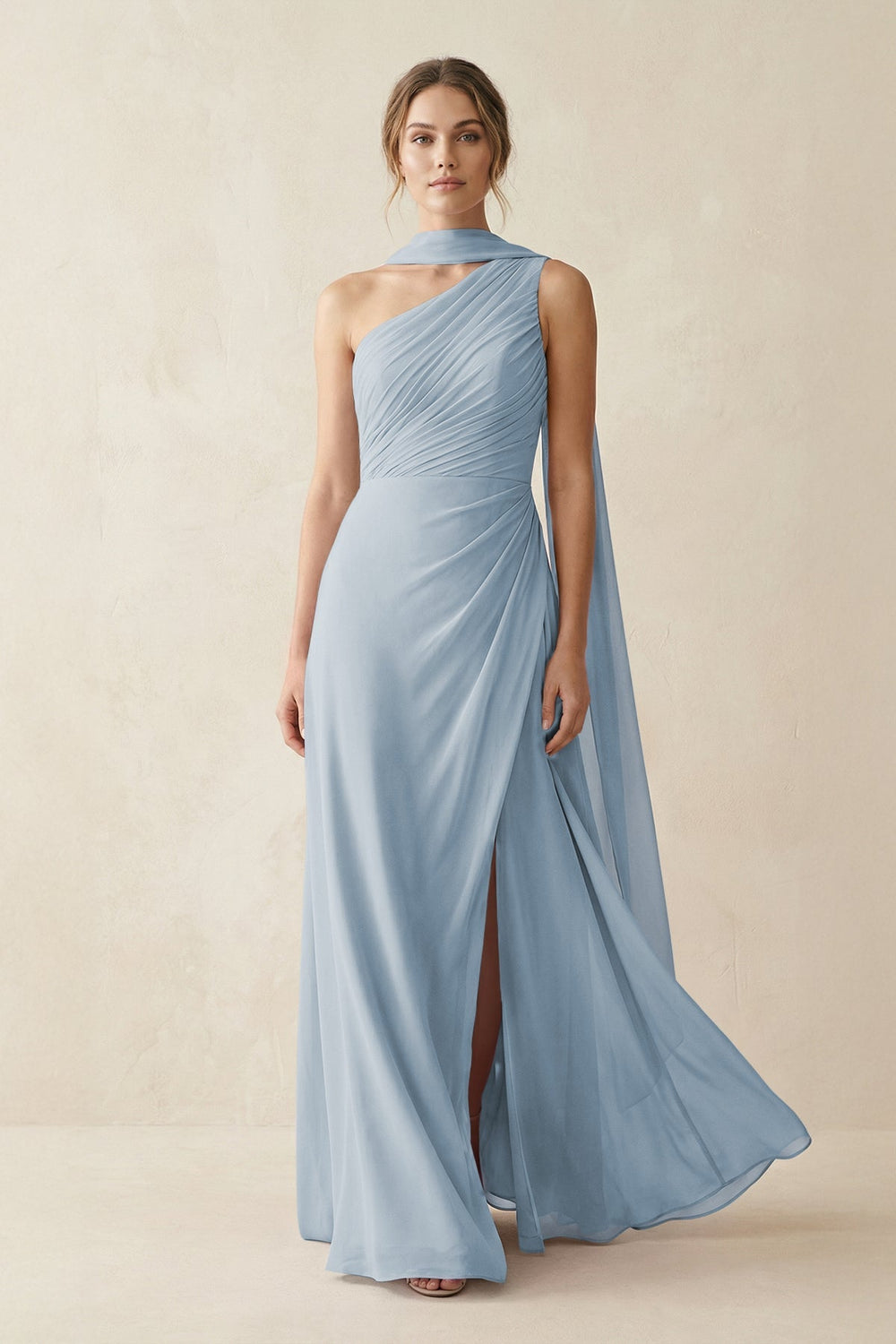 One - Shoulder Sheath Chiffon Bridesmaid Dress with Ribbon in Dusty Blue - KISS BRIDAL Bridesmaid Dresses