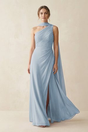 One - Shoulder Sheath Chiffon Bridesmaid Dress with Ribbon in Dusty Blue - SHE IS ME Bridesmaid Dresses