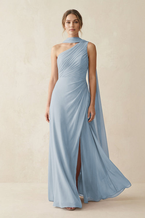 One - Shoulder Sheath Chiffon Bridesmaid Dress with Ribbon in Dusty Blue - SHE IS ME Bridesmaid Dresses