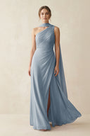 One-Shoulder Sheath Chiffon Bridesmaid Dress with Ribbon in Dusty Blue | KISSBRIDAL