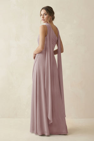 One-Shoulder Sheath Chiffon Bridesmaid Dress with Ribbon in Dusty Rose (2) | KISSBRIDAL