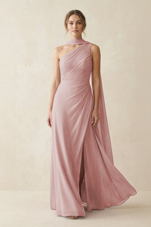 One - Shoulder Sheath Chiffon Bridesmaid Dress with Ribbon in Dusty Rose - SHE IS ME Bridesmaid Dresses
