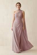 One-Shoulder Sheath Chiffon Bridesmaid Dress with Ribbon in Dusty Rose | KISSBRIDAL
