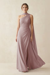 One-Shoulder Sheath Chiffon Bridesmaid Dress with Ribbon in Dusty Rose | KISSBRIDAL
