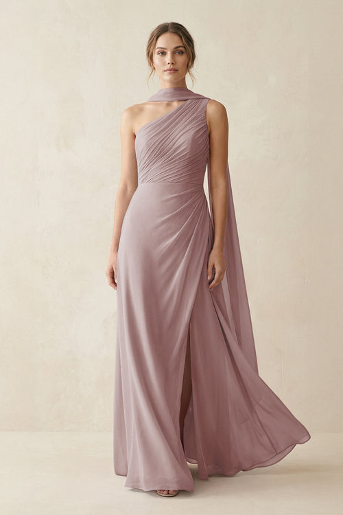 One-Shoulder Sheath Chiffon Bridesmaid Dress with Ribbon in Dusty Rose | KISSBRIDAL