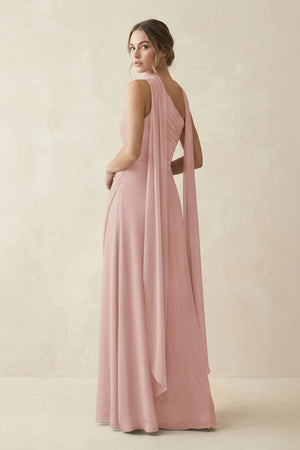 One-Shoulder Sheath Chiffon Bridesmaid Dress with Ribbon in English Rose (2) | KISSBRIDAL