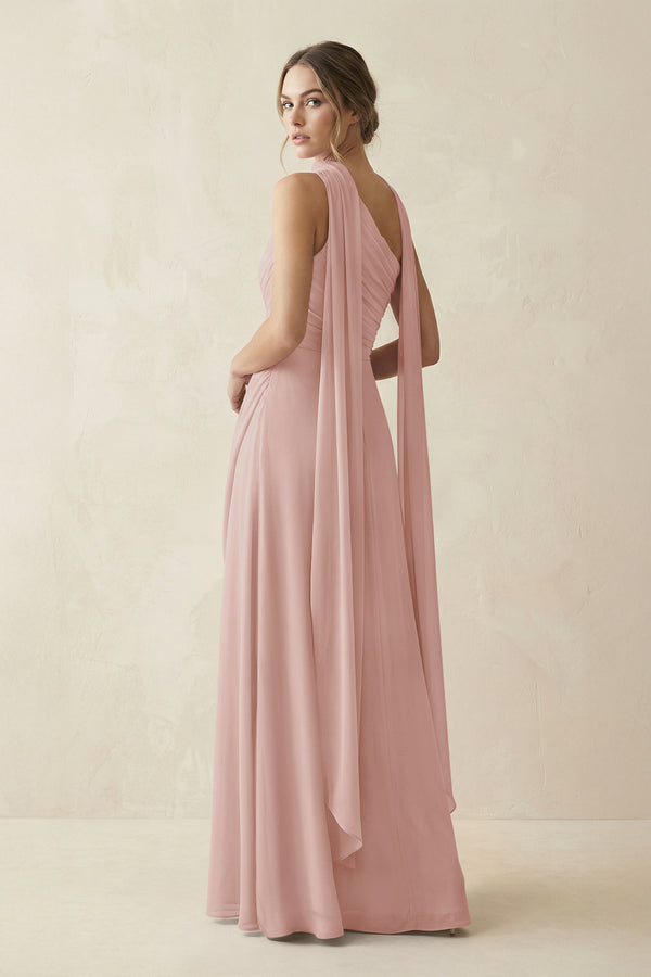 One-Shoulder Sheath Chiffon Bridesmaid Dress with Ribbon in English Rose (2) | KISSBRIDAL