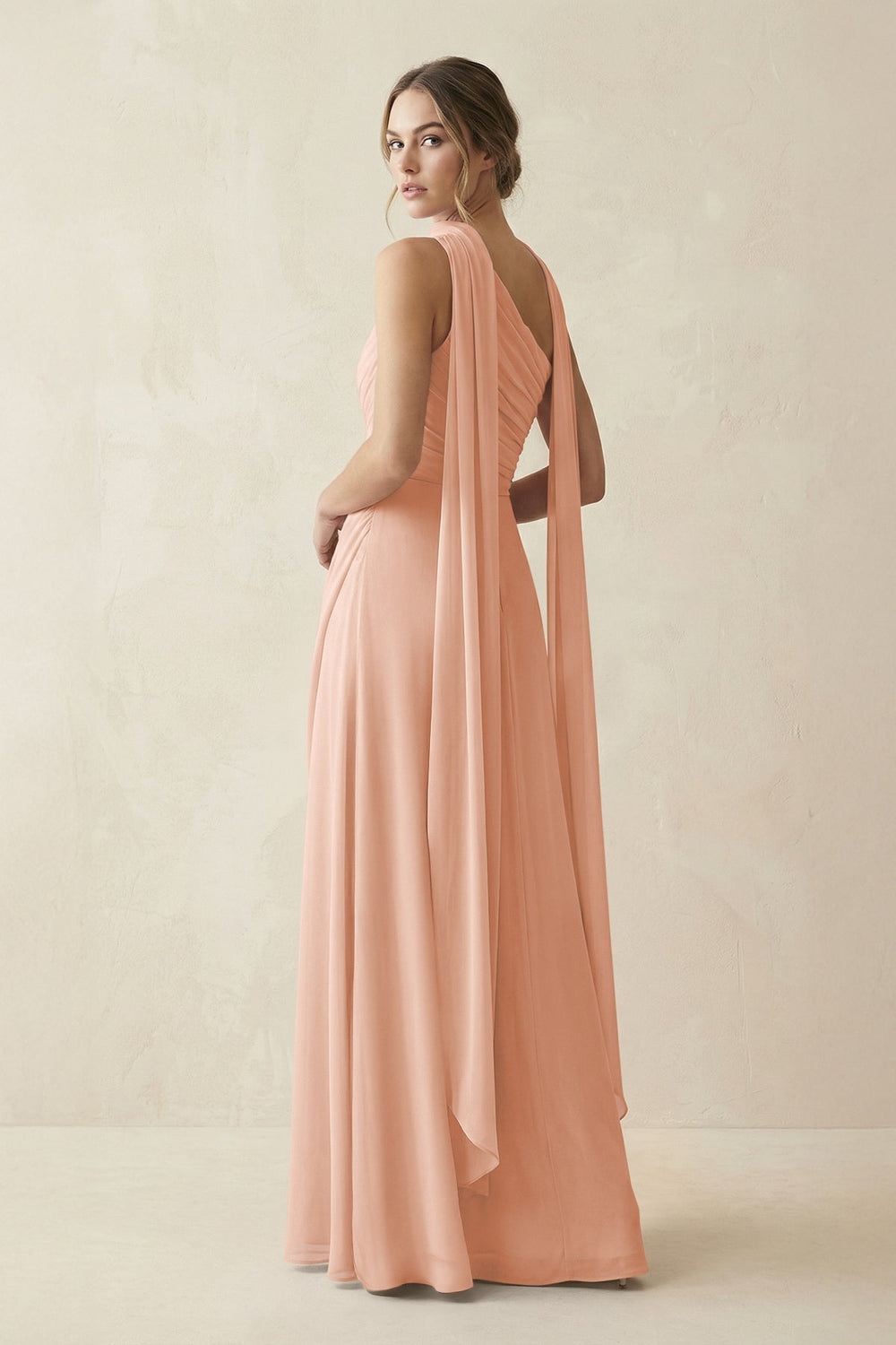 One - Shoulder Sheath Chiffon Bridesmaid Dress with Ribbon in English Rose - KISS BRIDAL Bridesmaid Dresses