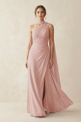 One-Shoulder Sheath Chiffon Bridesmaid Dress with Ribbon in English Rose | KISSBRIDAL