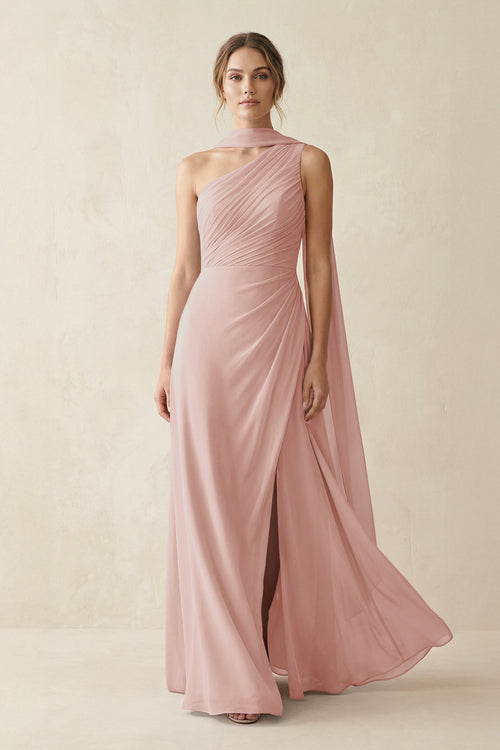 One-Shoulder Sheath Chiffon Bridesmaid Dress with Ribbon in English Rose | KISSBRIDAL