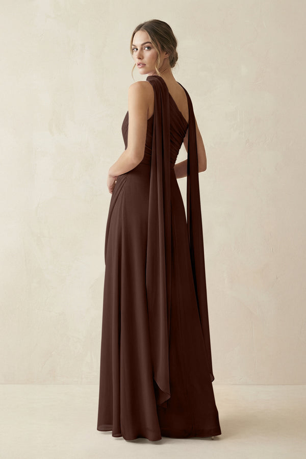 One - Shoulder Sheath Chiffon Bridesmaid Dress with Ribbon in Espresso - SHE IS ME Bridesmaid Dresses