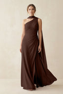One - Shoulder Sheath Chiffon Bridesmaid Dress with Ribbon in Espresso - SHE IS ME Bridesmaid Dresses