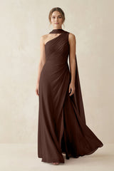 One - Shoulder Sheath Chiffon Bridesmaid Dress with Ribbon in Espresso - KISS BRIDAL Bridesmaid Dresses