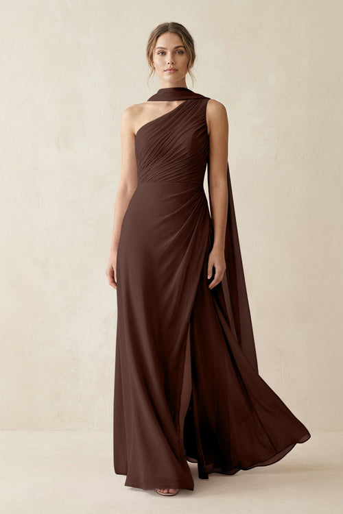 One - Shoulder Sheath Chiffon Bridesmaid Dress with Ribbon in Espresso - SHE IS ME Bridesmaid Dresses