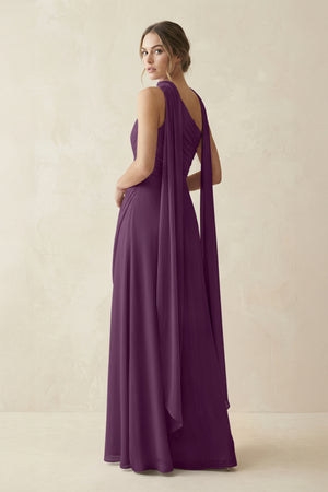 One-Shoulder Sheath Chiffon Bridesmaid Dress with Ribbon in Fig (2) | KISSBRIDAL