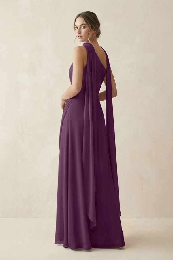 One-Shoulder Sheath Chiffon Bridesmaid Dress with Ribbon in Fig (2) | KISSBRIDAL