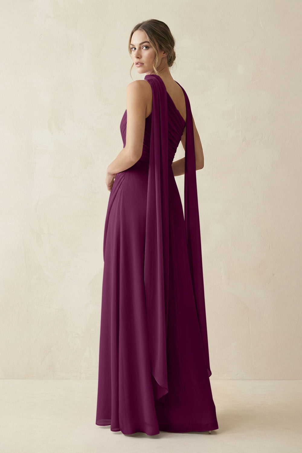 One - Shoulder Sheath Chiffon Bridesmaid Dress with Ribbon in Fig - KISS BRIDAL Bridesmaid Dresses