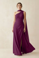 One - Shoulder Sheath Chiffon Bridesmaid Dress with Ribbon in Fig - SHE IS ME Bridesmaid Dresses