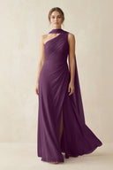 One-Shoulder Sheath Chiffon Bridesmaid Dress with Ribbon in Fig | KISSBRIDAL