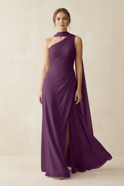 One-Shoulder Sheath Chiffon Bridesmaid Dress with Ribbon in Fig | KISSBRIDAL