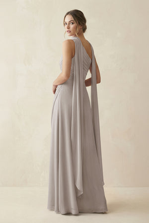 One-Shoulder Sheath Chiffon Bridesmaid Dress with Ribbon in Frost (2) | KISSBRIDAL