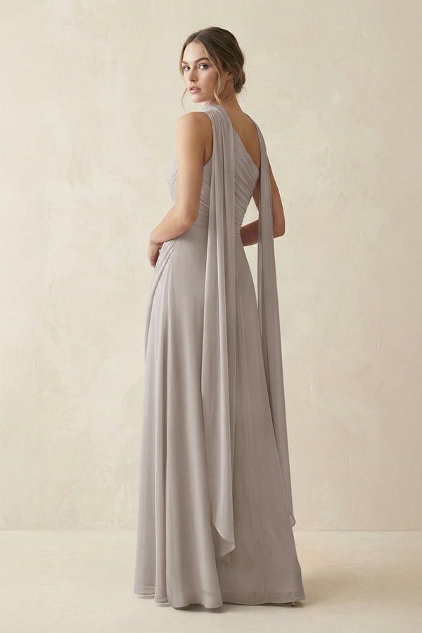 One-Shoulder Sheath Chiffon Bridesmaid Dress with Ribbon in Frost (2) | KISSBRIDAL