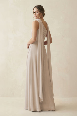 One - Shoulder Sheath Chiffon Bridesmaid Dress with Ribbon in Frost - SHE IS ME Bridesmaid Dresses