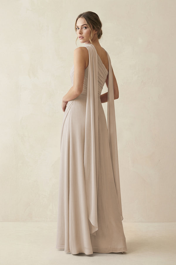 One - Shoulder Sheath Chiffon Bridesmaid Dress with Ribbon in Frost - SHE IS ME Bridesmaid Dresses