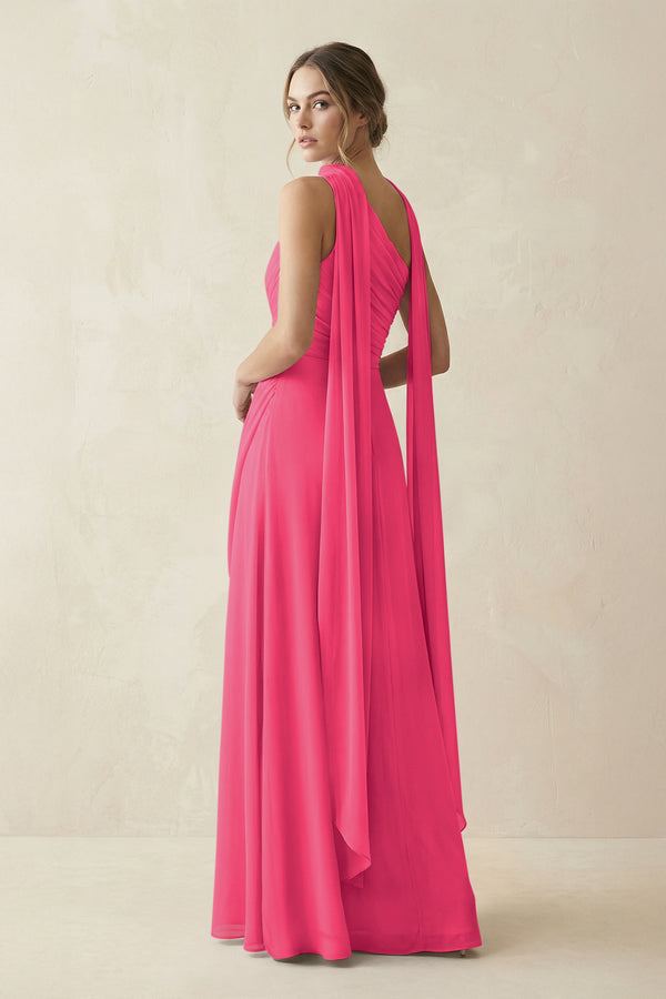 One-Shoulder Sheath Chiffon Bridesmaid Dress with Ribbon in Fuchsia (2) | KISSBRIDAL