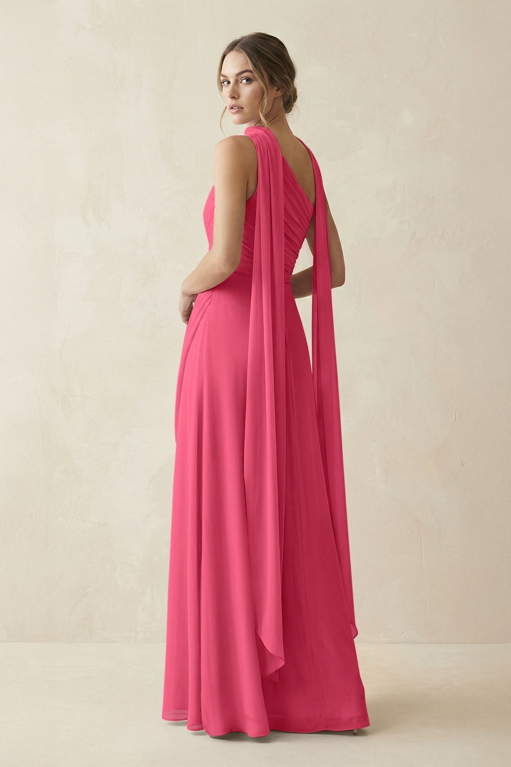 One - Shoulder Sheath Chiffon Bridesmaid Dress with Ribbon in Fuchsia - KISS BRIDAL Bridesmaid Dresses