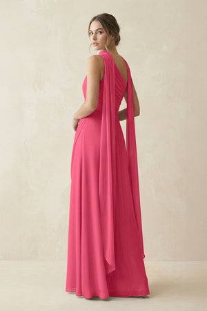 One - Shoulder Sheath Chiffon Bridesmaid Dress with Ribbon in Fuchsia - SHE IS ME Bridesmaid Dresses