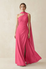 One - Shoulder Sheath Chiffon Bridesmaid Dress with Ribbon in Fuchsia - KISS BRIDAL Bridesmaid Dresses