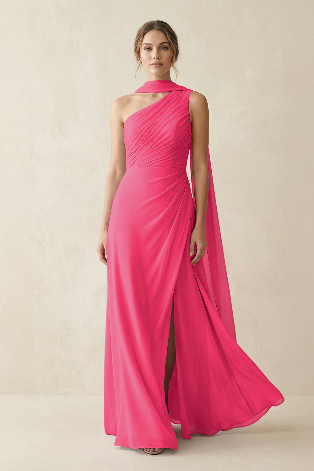 One-Shoulder Sheath Chiffon Bridesmaid Dress with Ribbon in Fuchsia