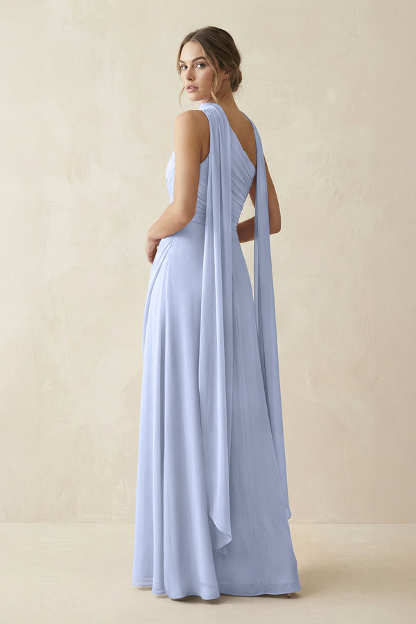 One-Shoulder Sheath Chiffon Bridesmaid Dress with Ribbon in Ice (2) | KISSBRIDAL