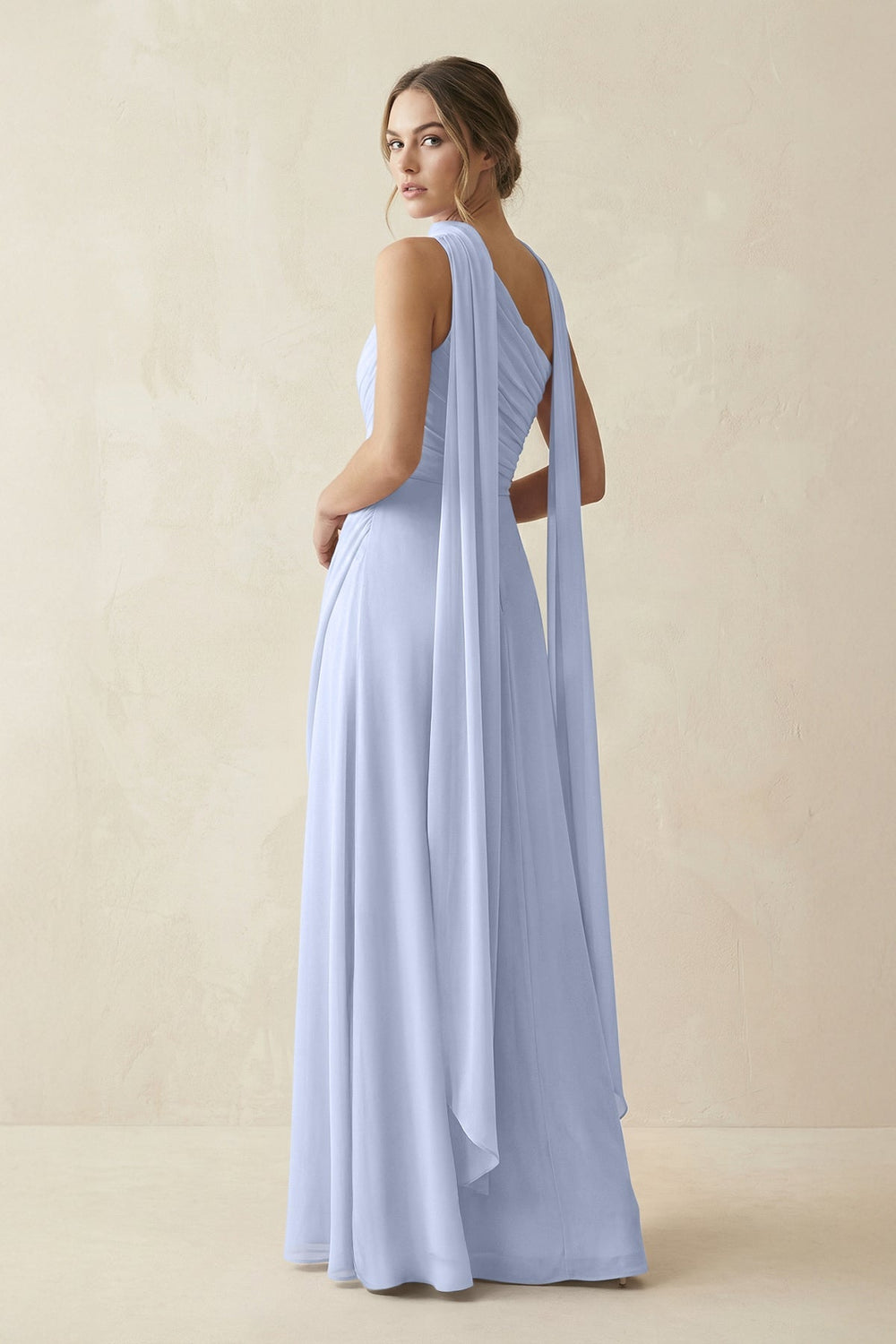 One - Shoulder Sheath Chiffon Bridesmaid Dress with Ribbon in Ice - KISS BRIDAL Bridesmaid Dresses