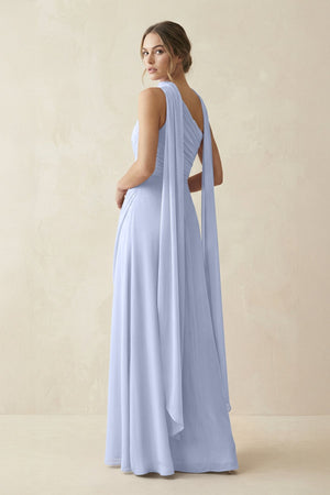 One - Shoulder Sheath Chiffon Bridesmaid Dress with Ribbon in Ice - SHE IS ME Bridesmaid Dresses