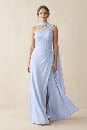 One - Shoulder Sheath Chiffon Bridesmaid Dress with Ribbon in Ice - SHE IS ME Bridesmaid Dresses